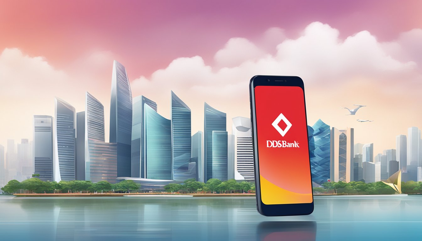 A phone with the DBS Bank logo on the screen, set against the backdrop of the Singapore skyline