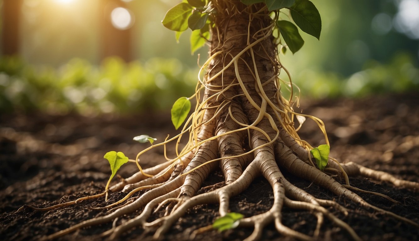 Ginger roots spread like tangled vines, with FAQ labels sprouting from the earth