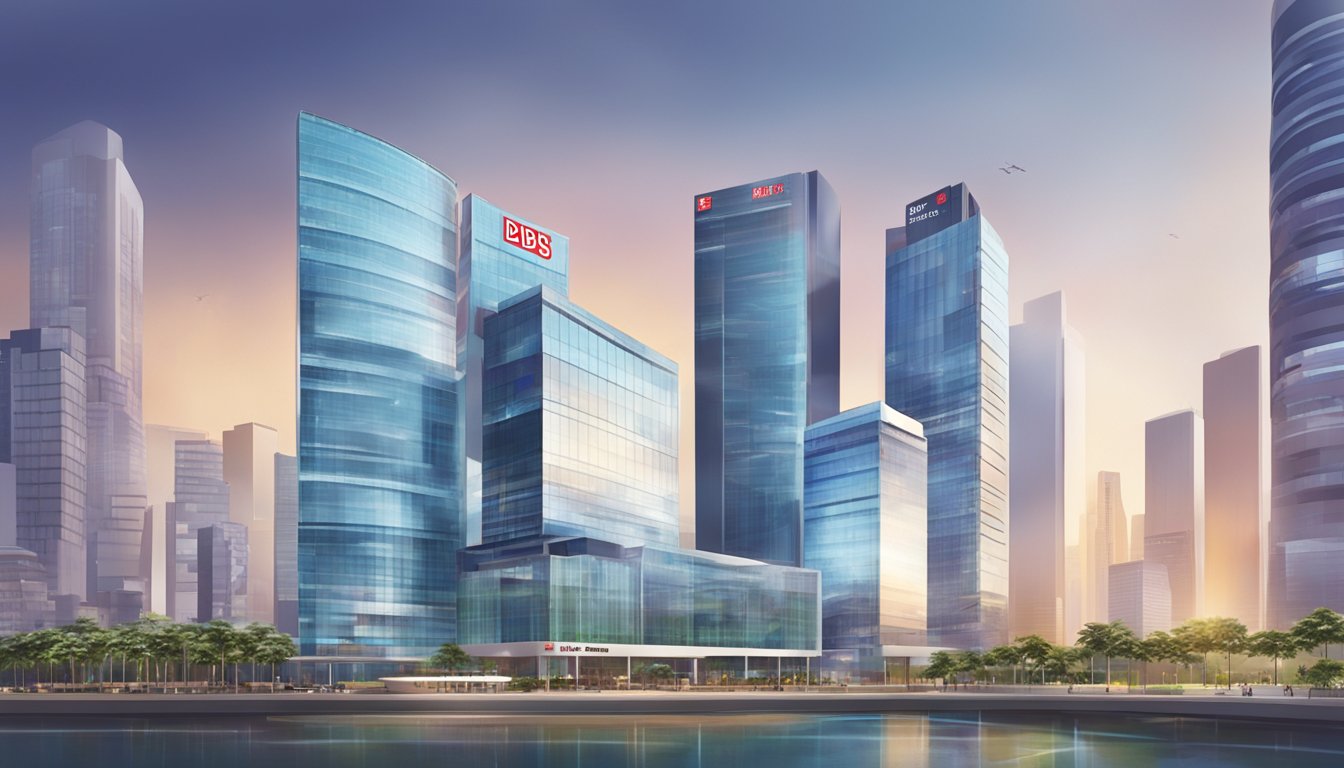 A modern office building with the DBS Bank logo prominently displayed, with a hotline number and the city of Singapore in the background