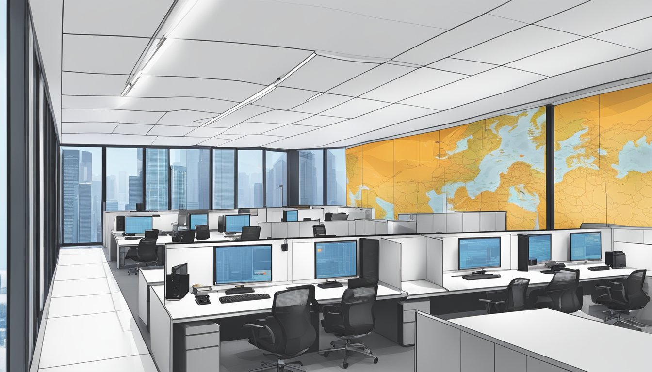 DBS Bank's International Network: A modern, bustling hotline center in Singapore, with sleek workstations and a global map display