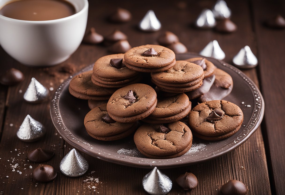 A plate of freshly baked chocolate kiss cookies sits on a rustic wooden table, surrounded by scattered cocoa powder and a few unwrapped Hershey's kisses