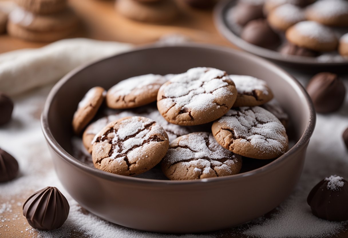 A mixing bowl with flour, sugar, and cocoa powder. A tray of unbaked cookies topped with chocolate kisses. A warm oven in the background