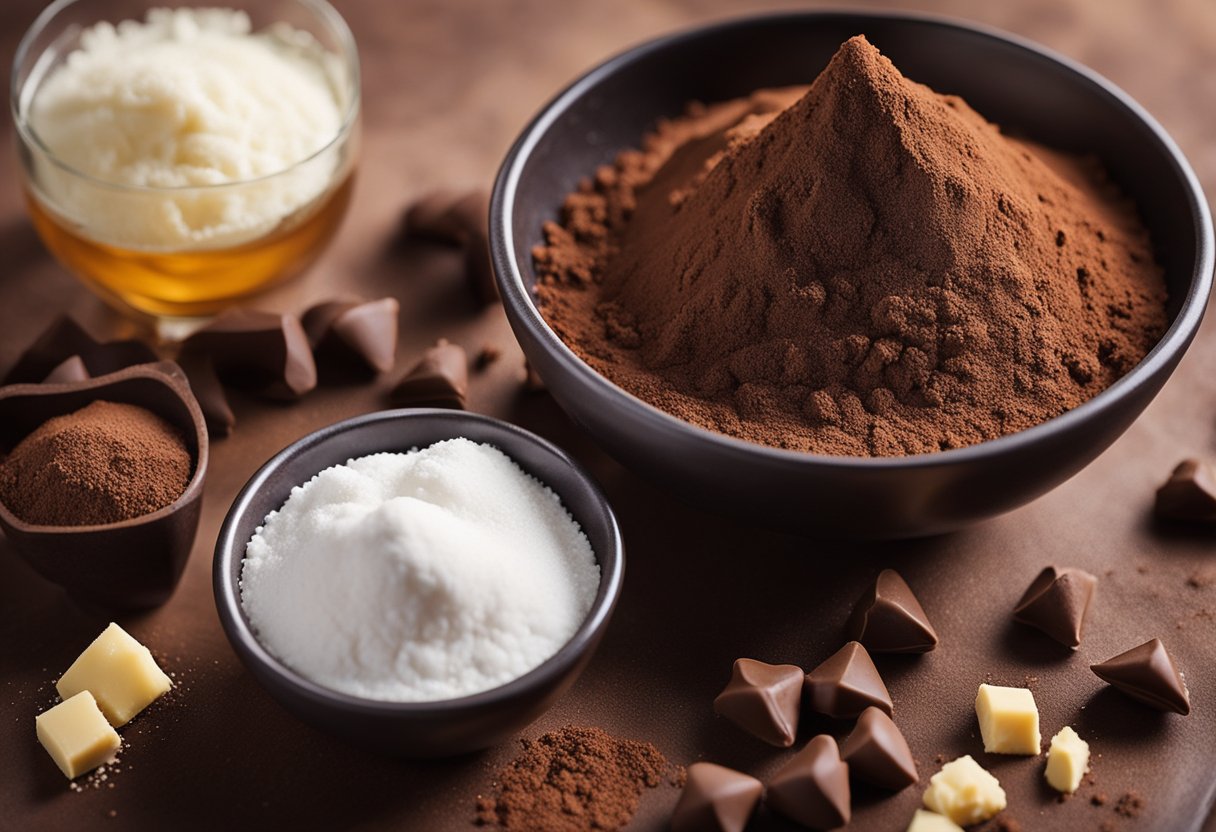 A bowl of flour, sugar, and cocoa powder. A tray of chocolate kisses. A measuring cup of butter and vanilla extract