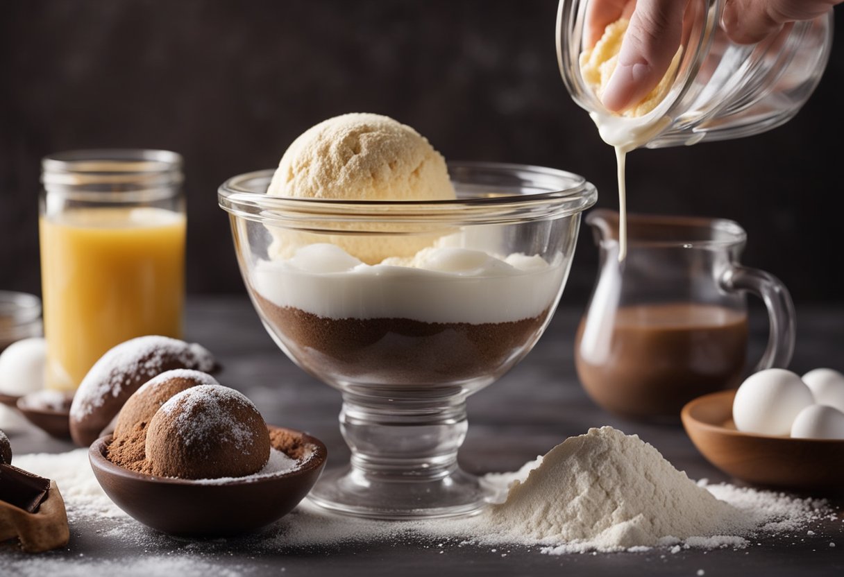 A mixing bowl filled with flour, sugar, and cocoa powder. A hand adds eggs and butter. Another hand forms dough into small balls, then presses a chocolate kiss into each one