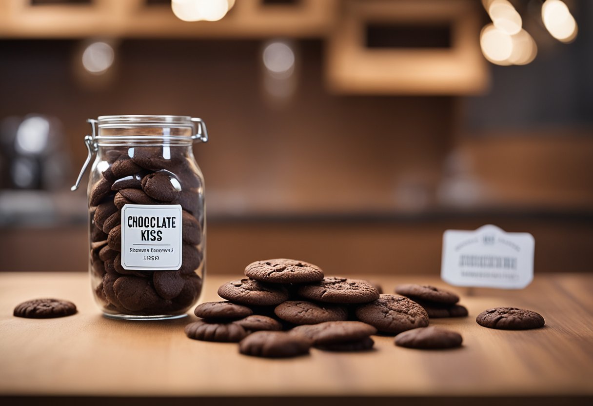 A glass jar filled with chocolate kiss cookies sits on a wooden countertop, with a label indicating the date of preparation. Airtight packaging and a cool, dry environment ensure the cookies remain fresh and delicious