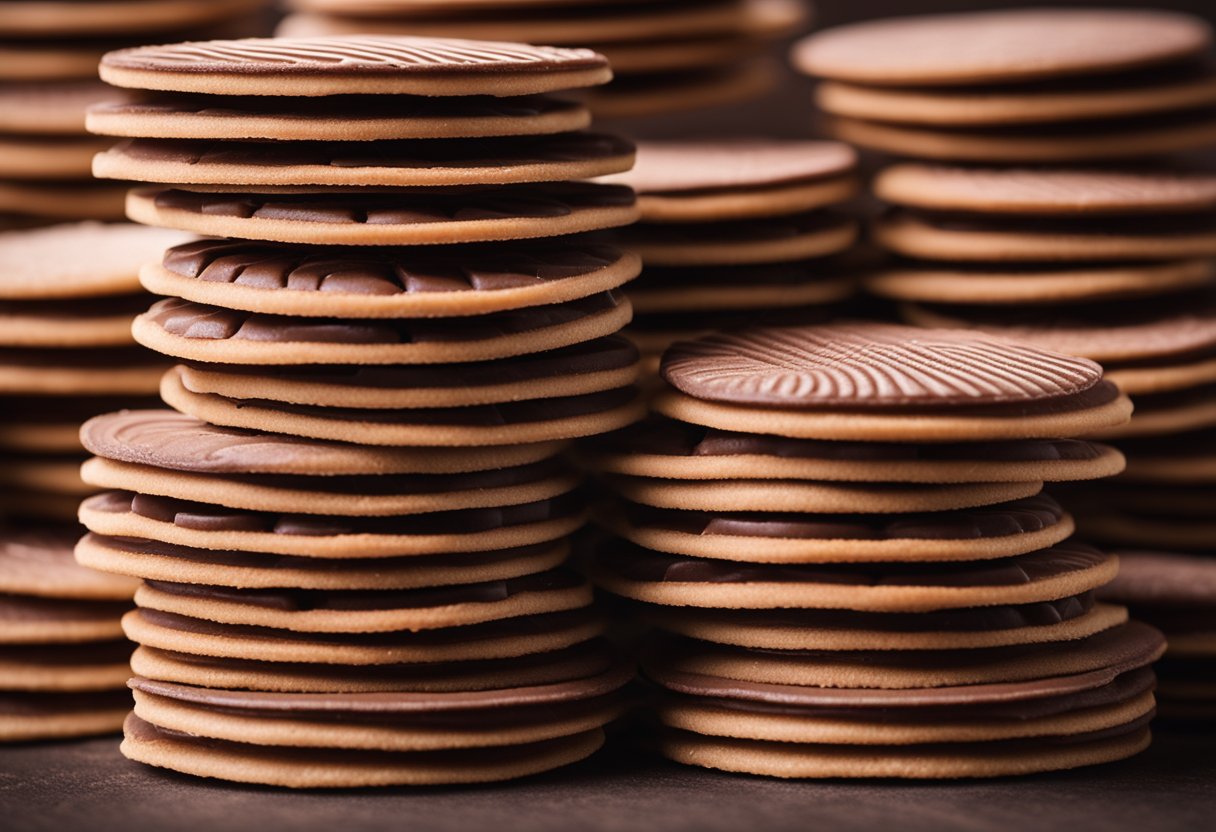 A stack of chocolate wafers with layers of creamy filling