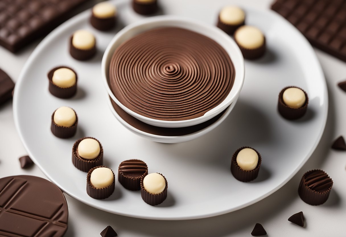 A stack of chocolate wafers with cream filling, arranged on a white plate. The wafers are slightly tilted to show the layers of cream inside