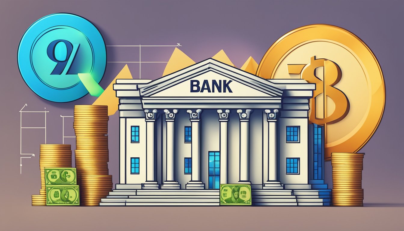 A bank logo with a percentage sign, a stack of money, and an interest rate chart in the background