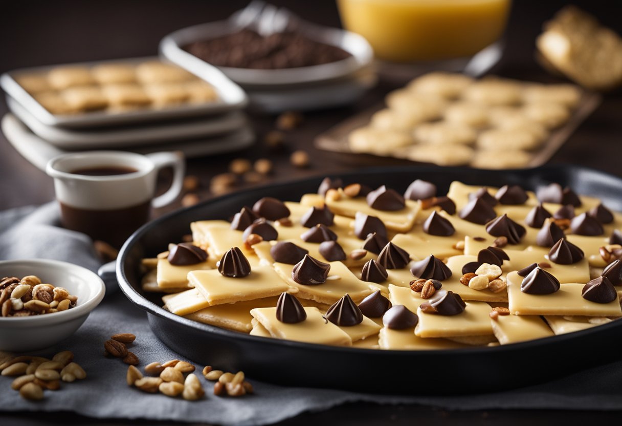 Melted butter, brown sugar, and saltine crackers layered in a baking sheet. Topped with melted chocolate and chopped nuts