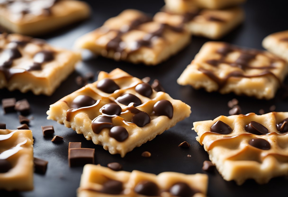 A baking sheet lined with saltine crackers covered in toffee and melted chocolate