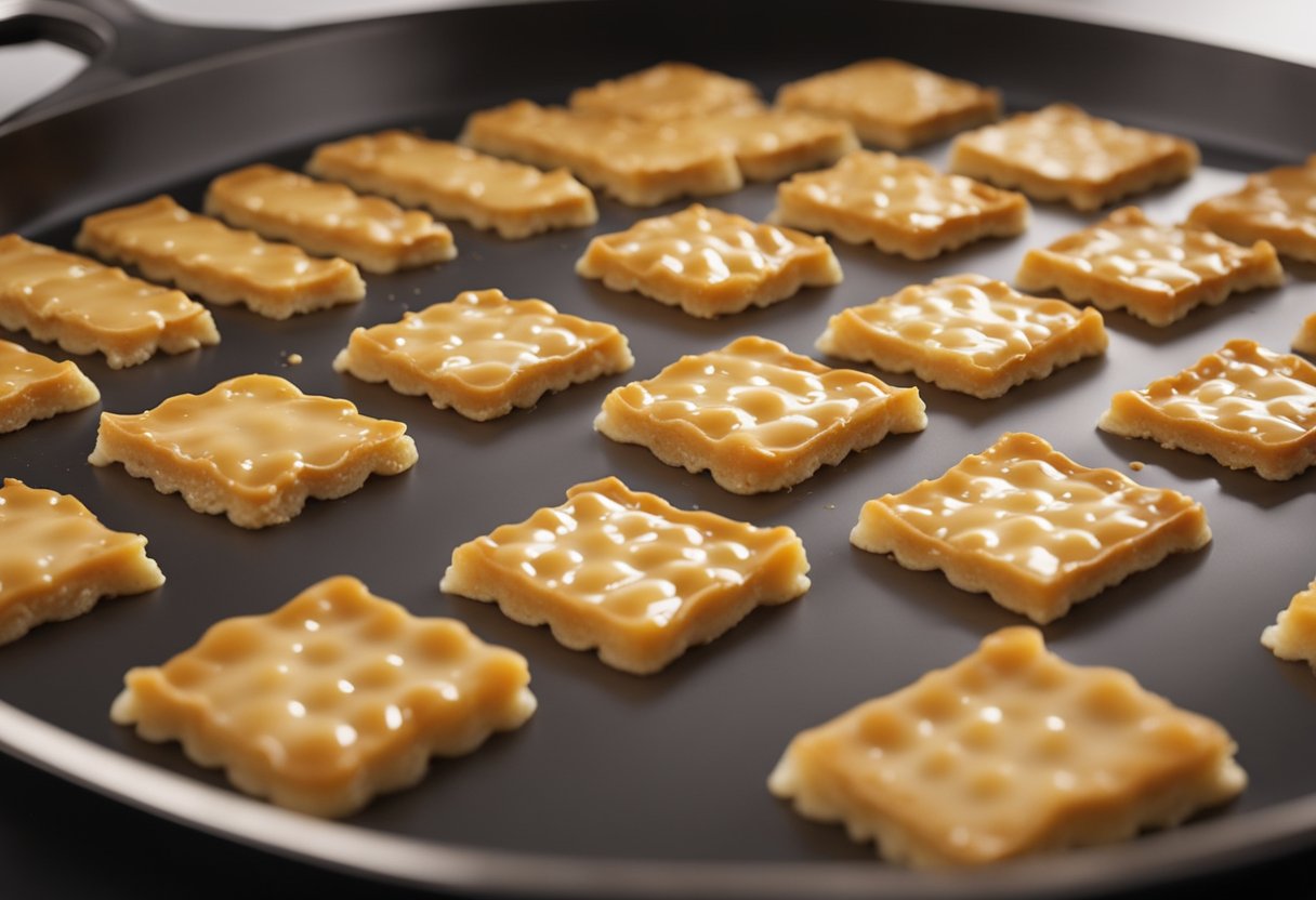 Melted butter and brown sugar mixed in a saucepan. Saltine crackers arranged on a baking sheet. Pouring the caramel mixture over the crackers