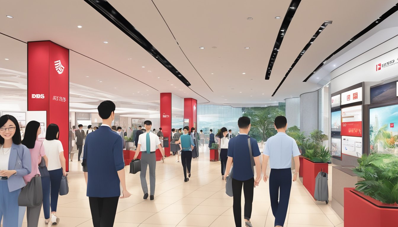 Customers entering DBS Takashimaya Branch in Singapore, greeted by modern interior, digital screens, and professional staff