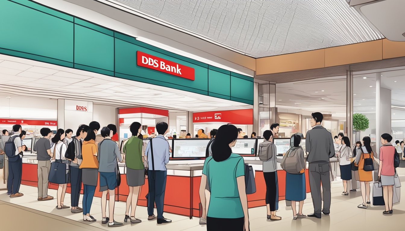 A busy scene at DBS Bank in Takashimaya, Singapore, with customers lining up and staff assisting with frequently asked questions