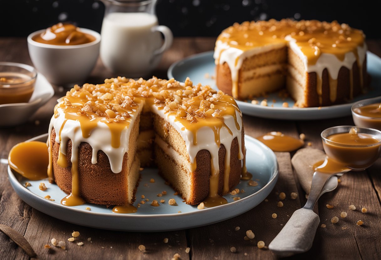 A decadent salted caramel sour cream cake sits on a rustic wooden table, adorned with a drizzle of caramel sauce and a sprinkle of sea salt