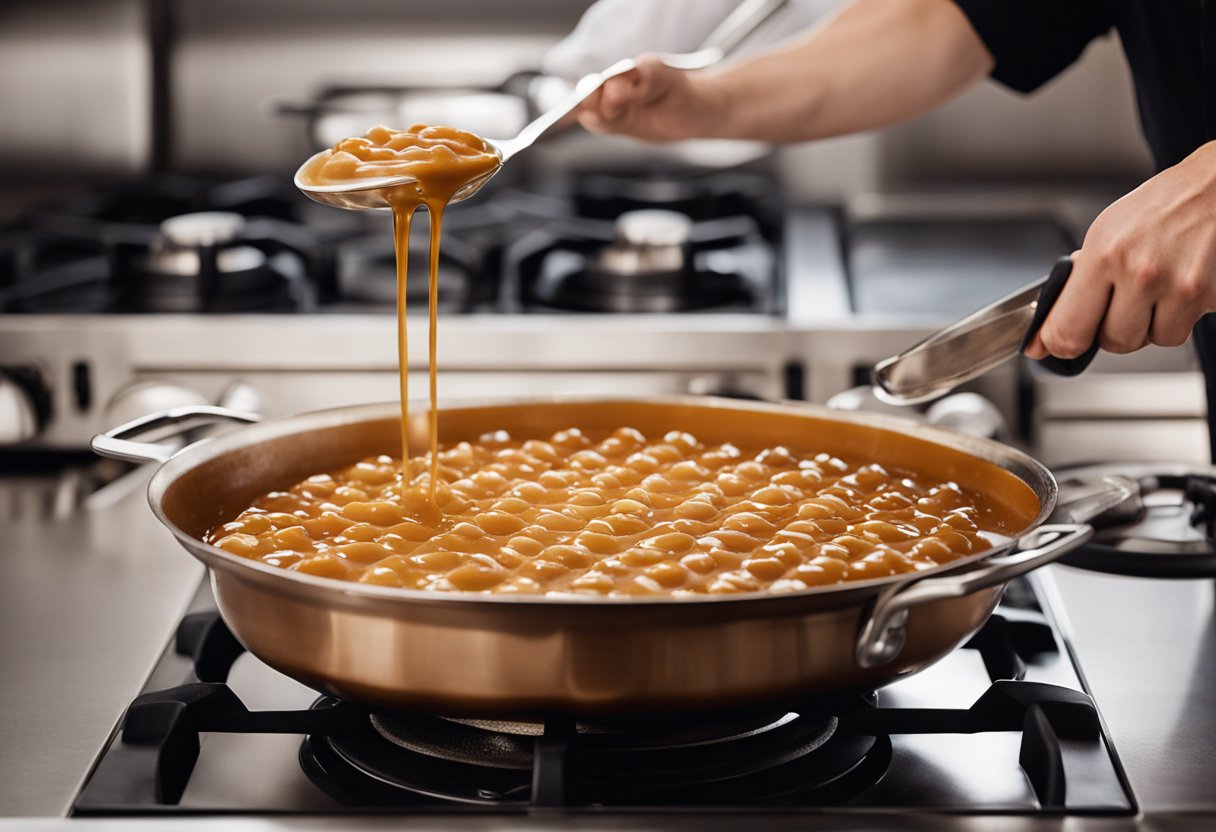 A bubbling pot of caramel sits atop a stove, as a chef carefully adds a pinch of sea salt. The rich aroma of caramelized sugar fills the air, creating the perfect base for a decadent salted caramel sour cream cake