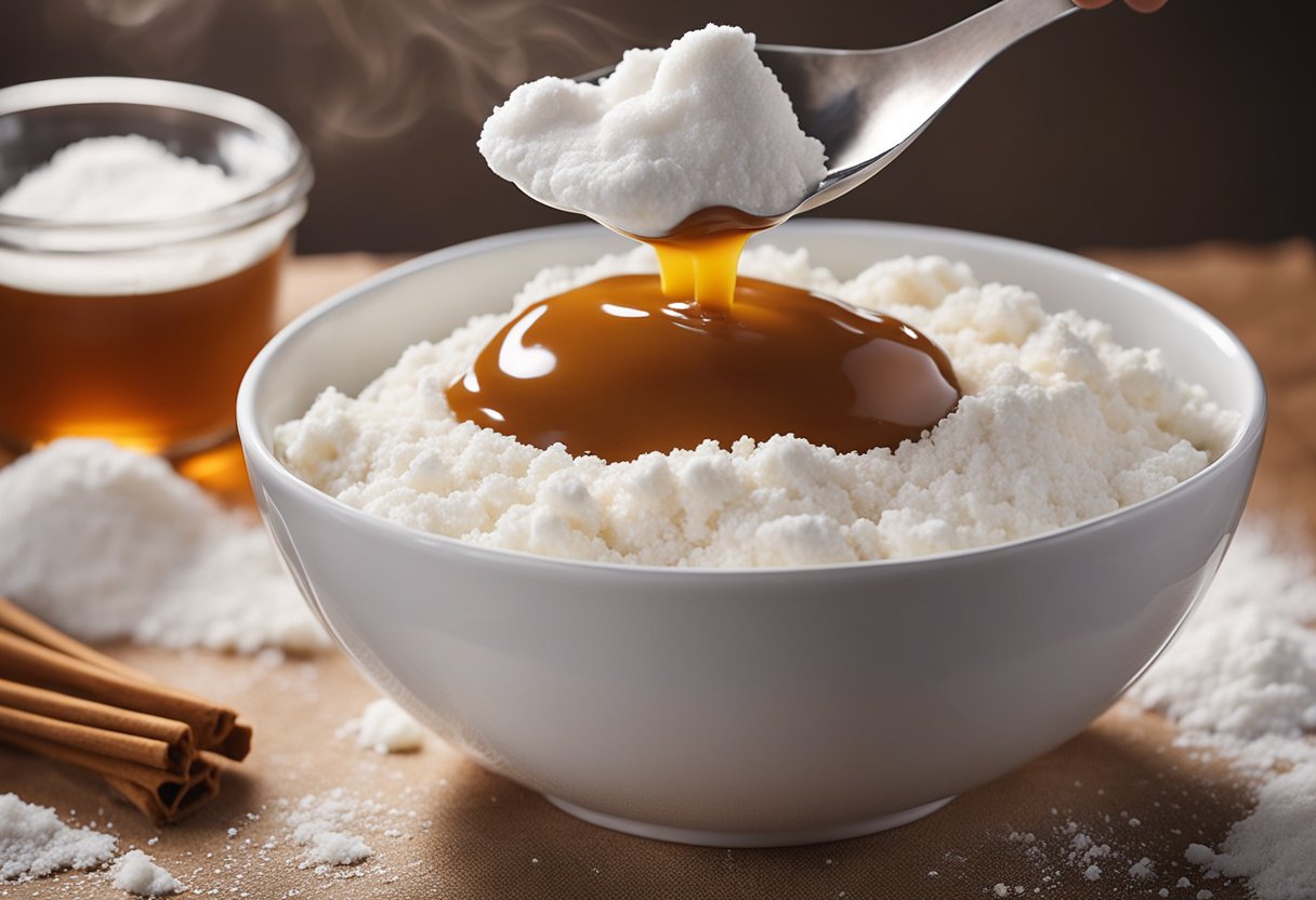 A mixing bowl filled with flour, sugar, and salt. A separate bowl of caramel sauce. A dollop of sour cream being added to the mixture