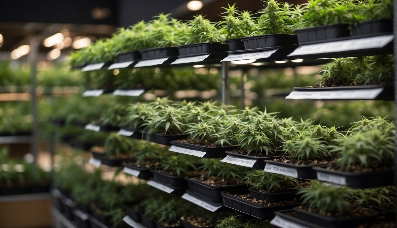 A variety of cannabis plants displayed in rows, including indica, sativa, and hybrid strains. Each plant is labeled with its name and characteristics