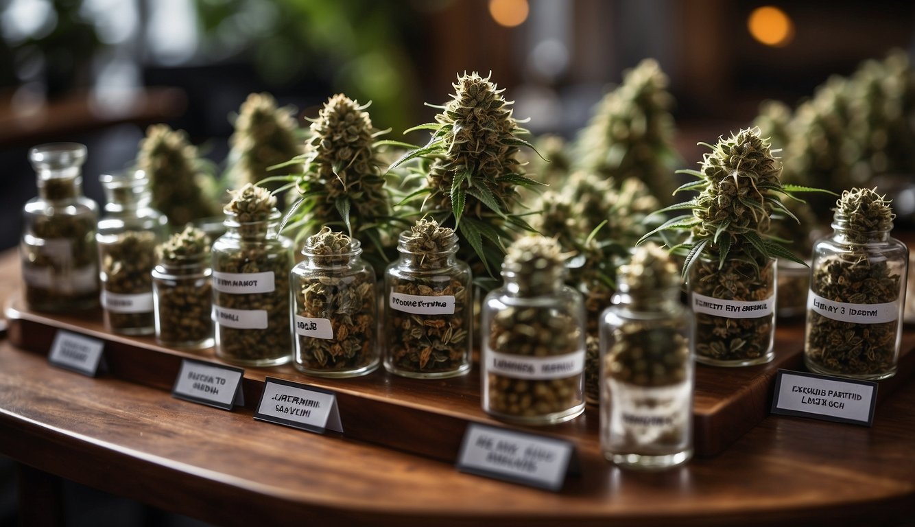 Various cannabis strains displayed on a table with labels, including indica, sativa, and hybrid varieties. Bright colors and distinct characteristics