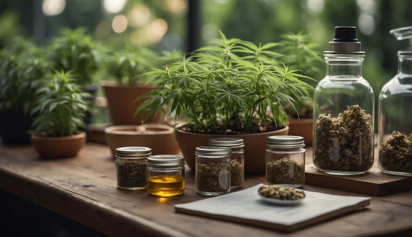 A table with various cannabis plants and research materials