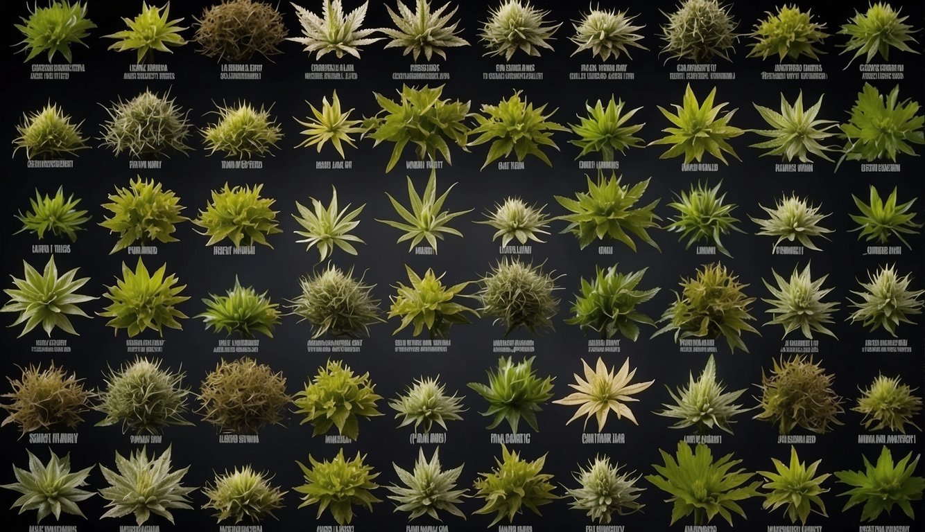 Various types of weed plants arranged in a list, with a "Frequently Asked Questions" header