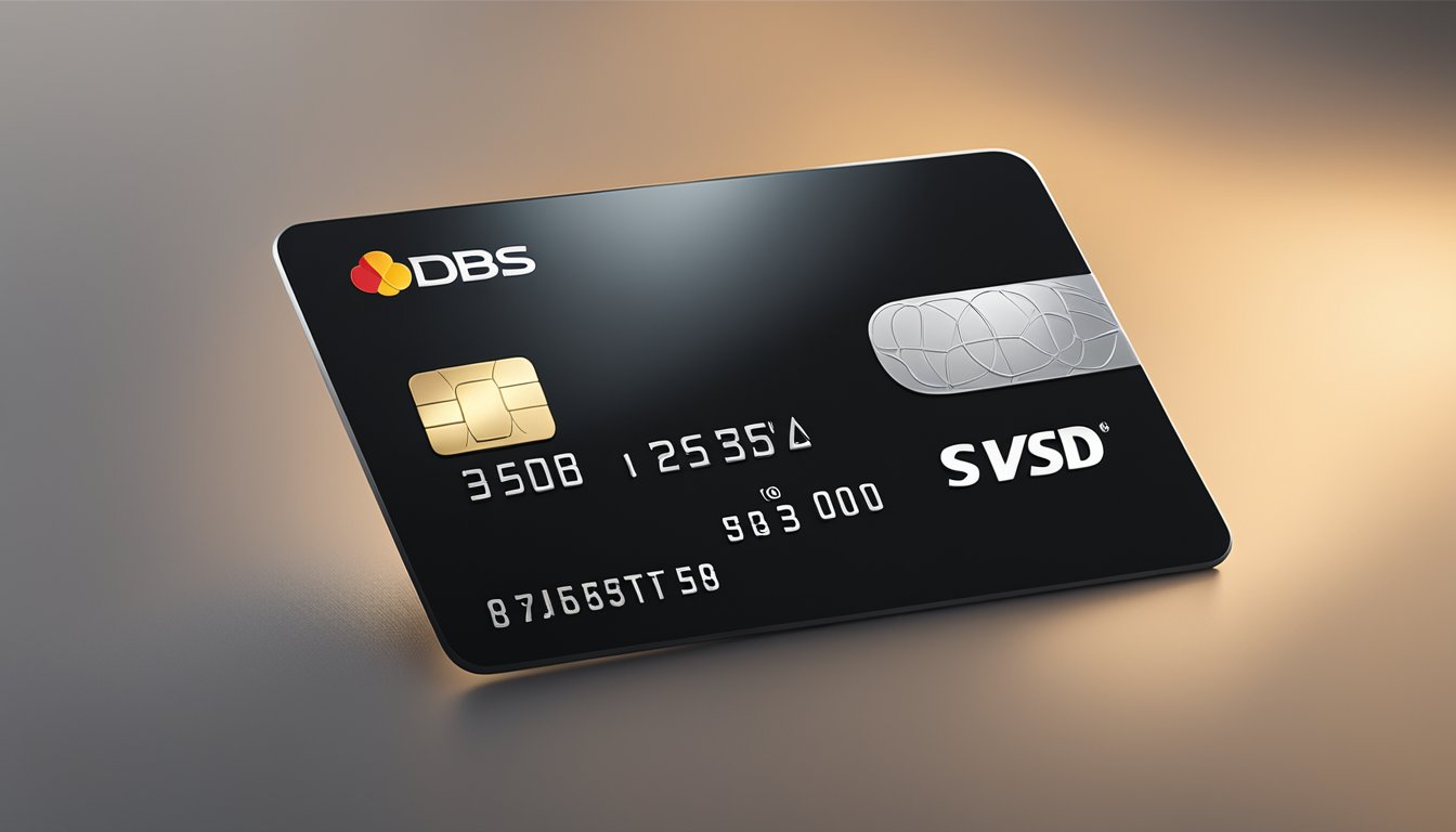 A sleek black credit card sits on a polished surface, with the DBS logo embossed in silver, catching the light