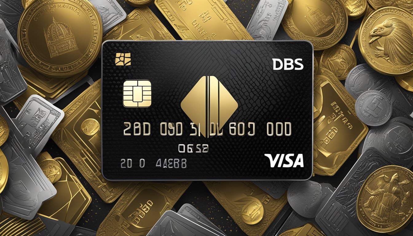 A luxurious black credit card surrounded by gold and silver rewards, with the DBS logo prominently displayed