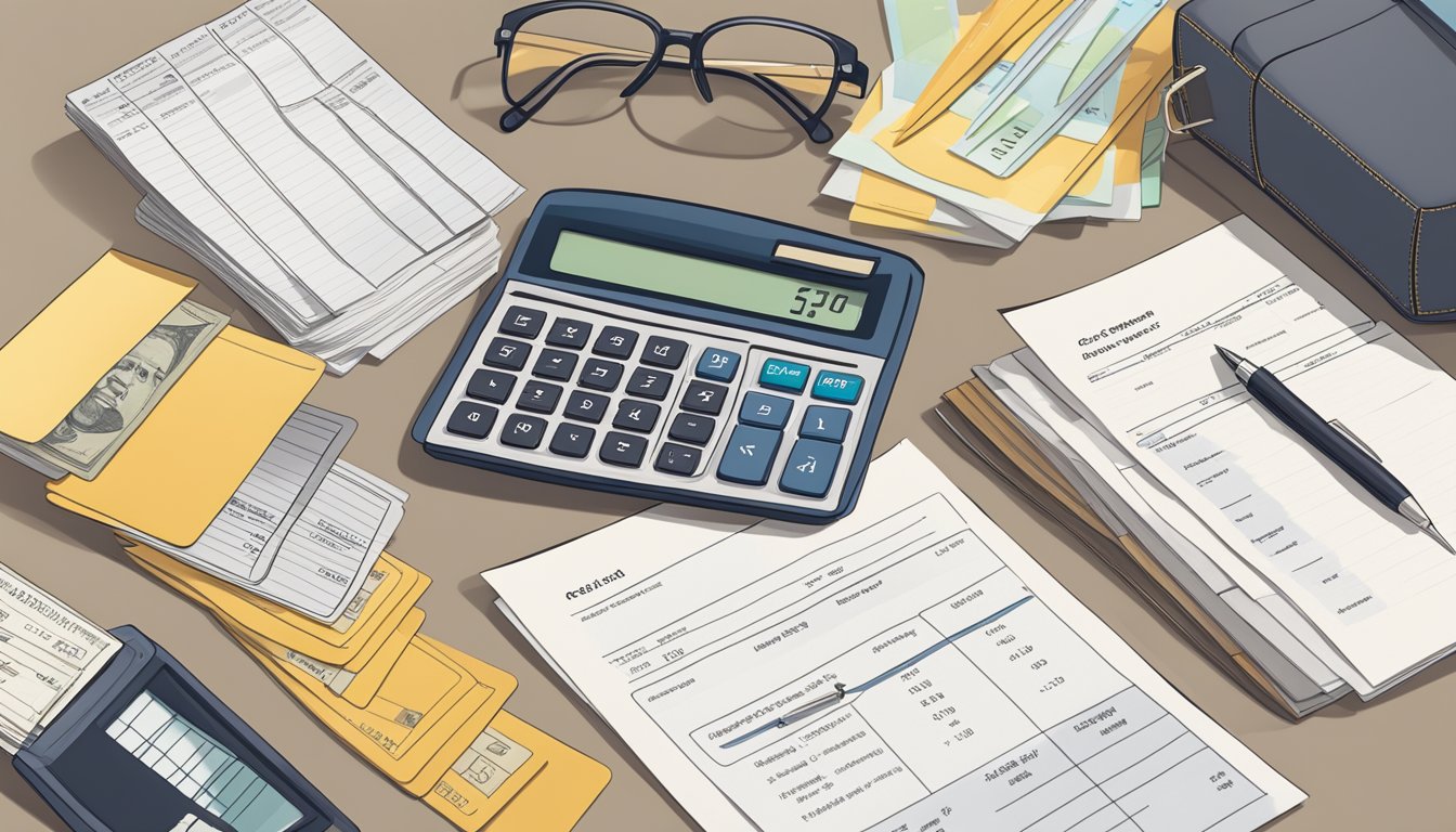 A stack of credit card bills, a calculator, and a list of potential fees spread out on a desk
