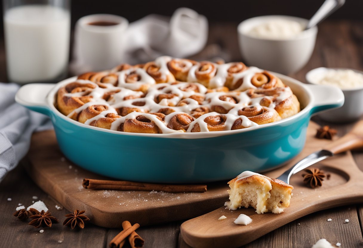 A pan of cinnamon roll casserole, topped with icing and surrounded by a sprinkle of cinnamon and sugar