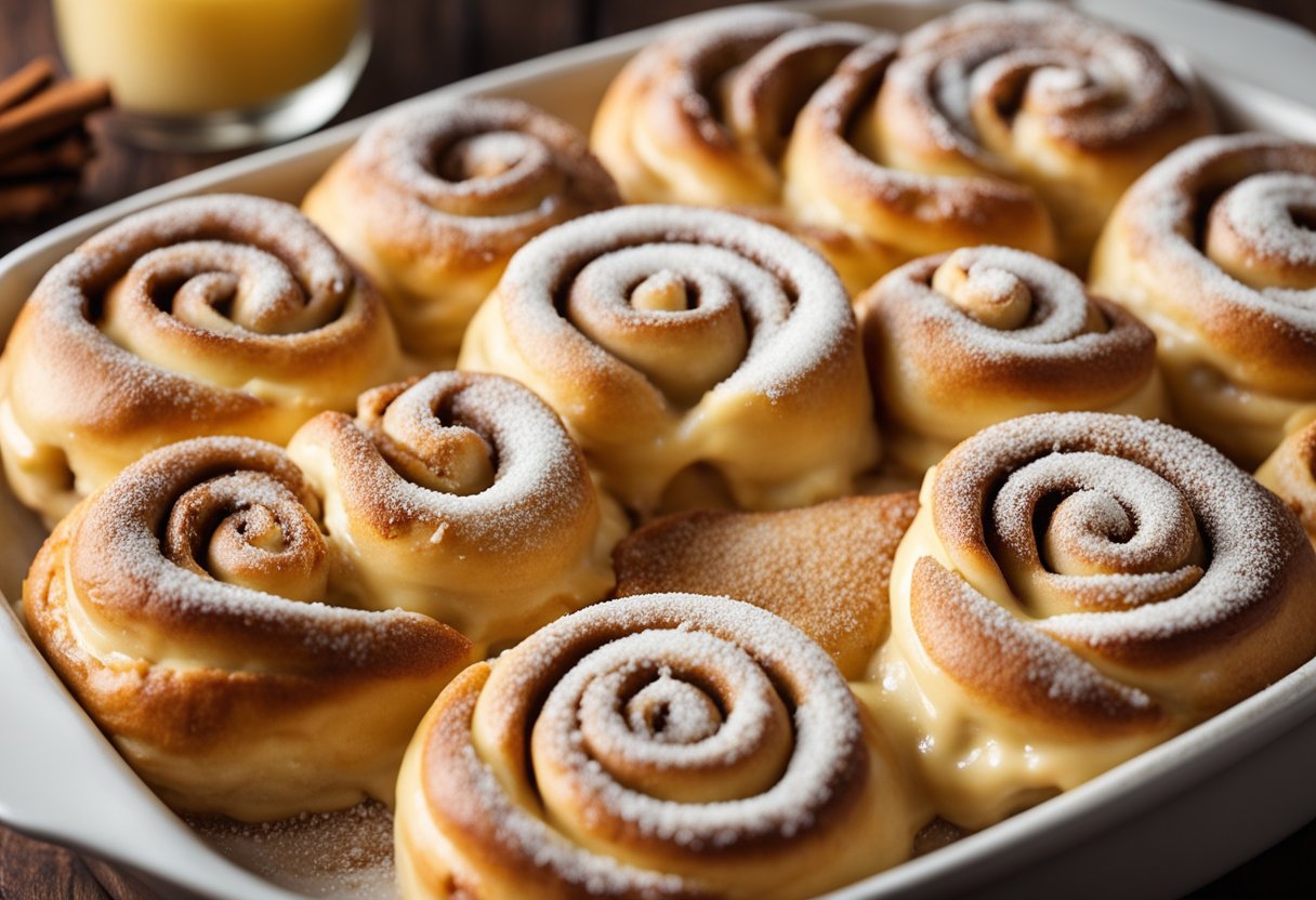 A baking dish filled with layers of cinnamon rolls and creamy custard, topped with a golden-brown glaze and sprinkled with cinnamon sugar