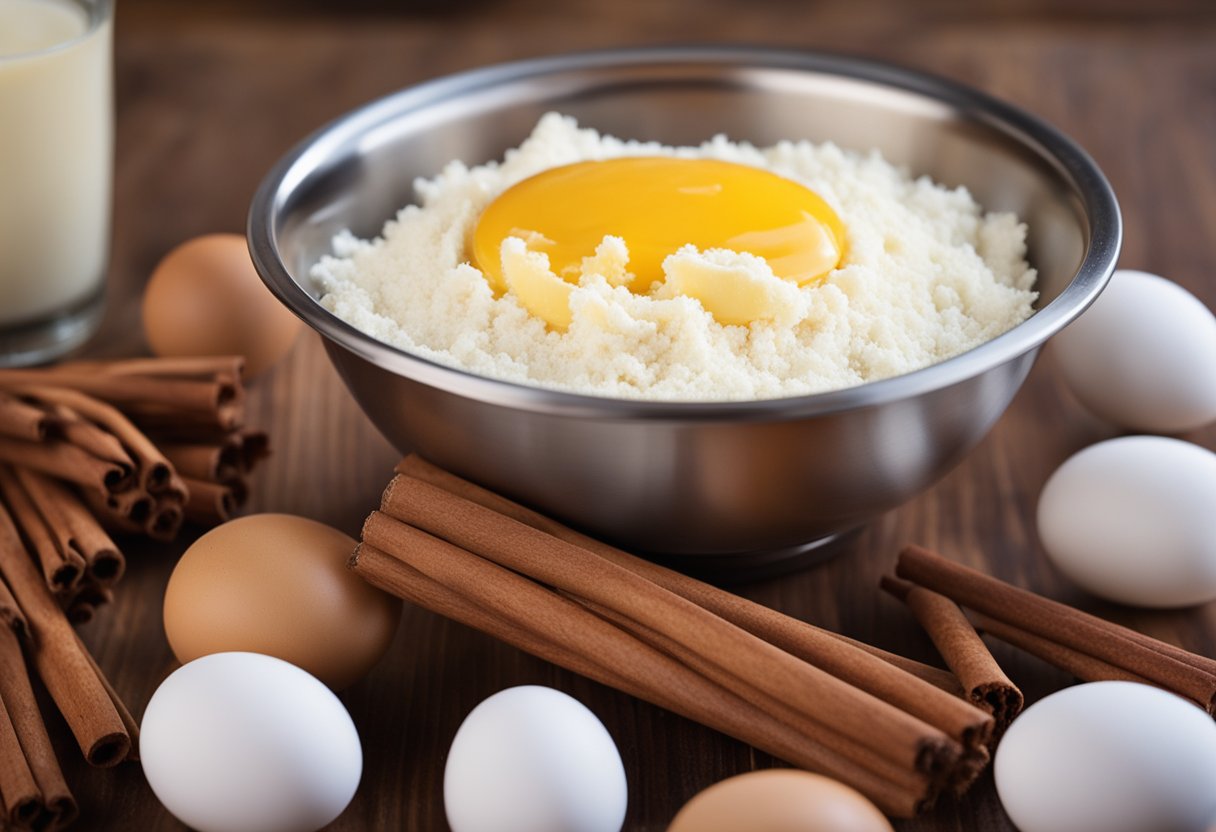 A mixing bowl sits on a kitchen counter, filled with flour, sugar, and cinnamon. A stick of butter is being grated into the bowl, while eggs and vanilla are being poured in