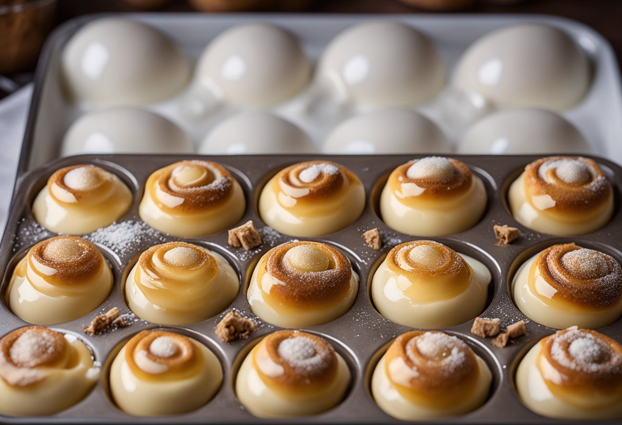 Whisked eggs, milk, and vanilla poured over cinnamon rolls in a baking dish. Sprinkled with brown sugar and cinnamon before baking until golden brown