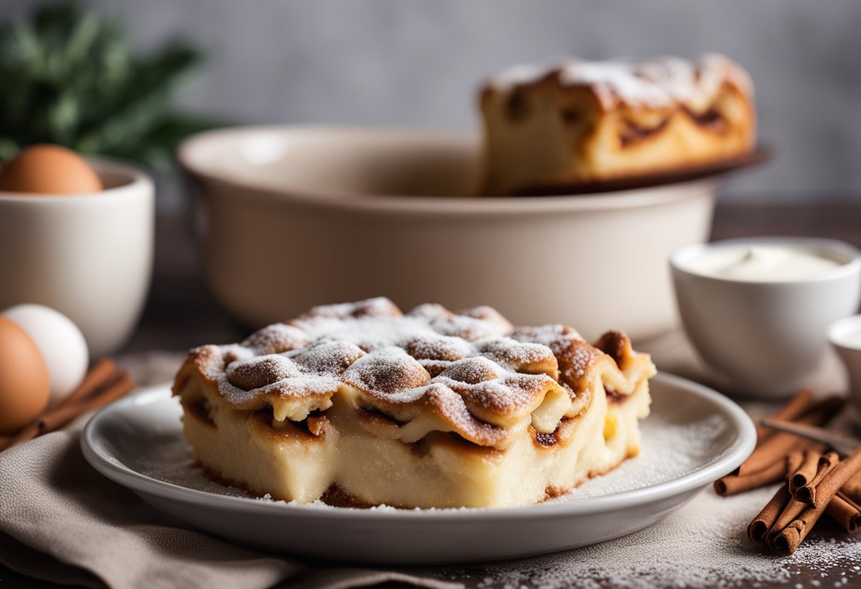 A baking dish with layers of cinnamon roll dough, eggs, milk, and sugar, topped with a cinnamon-sugar mixture