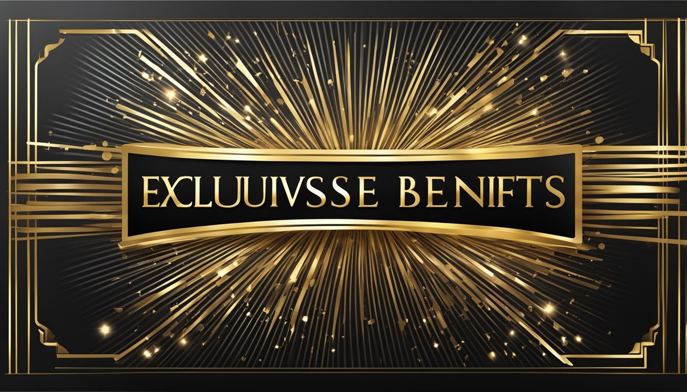 A luxurious black card surrounded by golden rays, with the words "Exclusive Rewards and Benefits" shimmering in elegant font