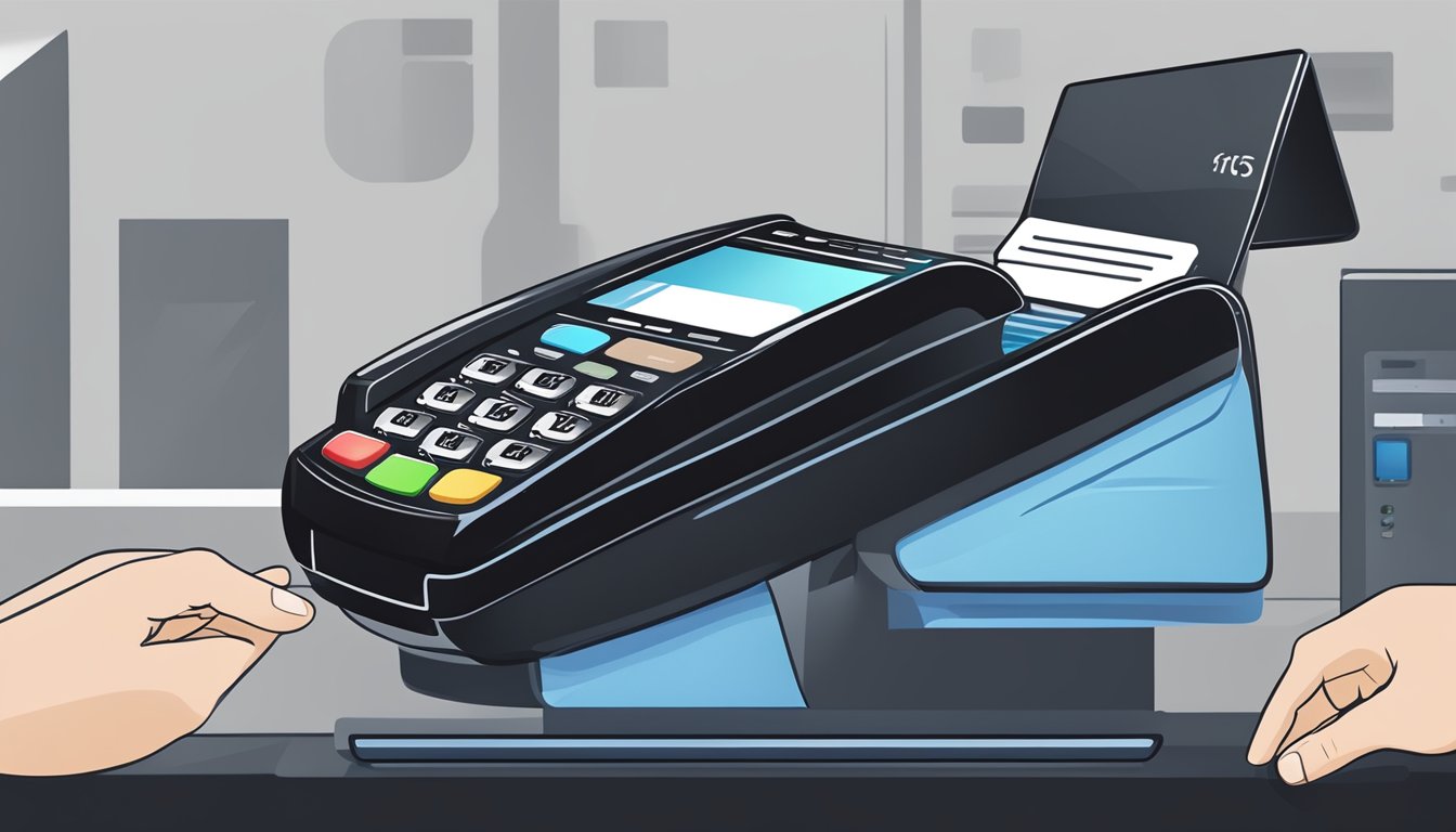 A hand swipes a sleek black card at a payment terminal, with digital icons displaying various benefits and rewards