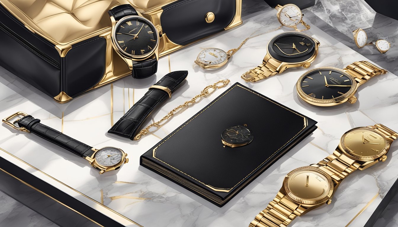A luxurious black card sits on a marble table, surrounded by expensive watches, designer handbags, and a private jet in the background
