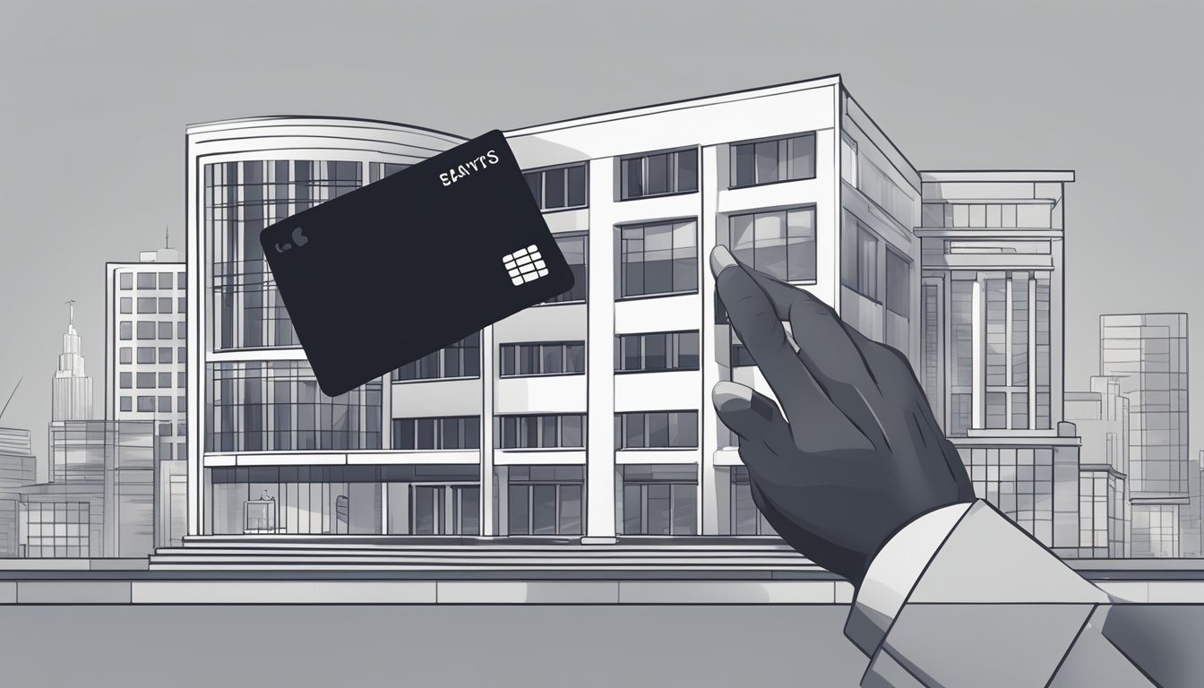A hand holding a sleek black card, with a modern bank building in the background, and digital screens displaying various financial services