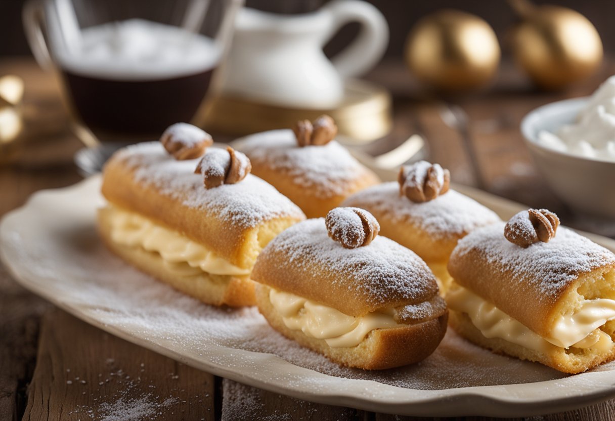 Golden-brown cannoncini filled with luscious Italian cream, dusted with powdered sugar, arranged on a rustic wooden platter