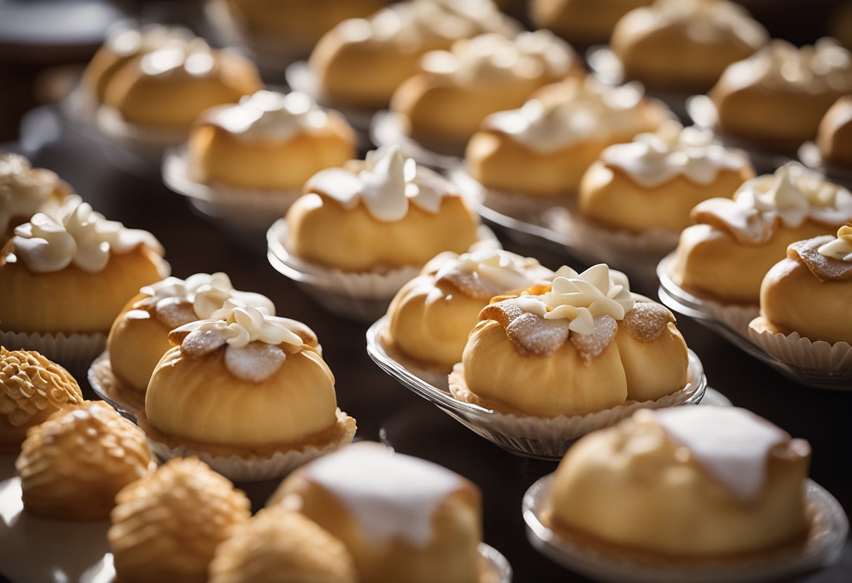 A table displays a variety of Cannoncini pastries. Cream fills the flaky, golden-brown shells. A label reads "Cannoncini Italian Cream Stuffed."