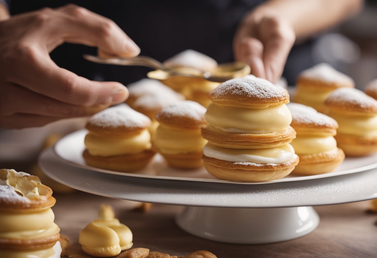 A pastry chef fills crispy cannoncini with creamy Italian pastry cream, creating a delectable dessert. Rich cream oozes from the golden pastry shells