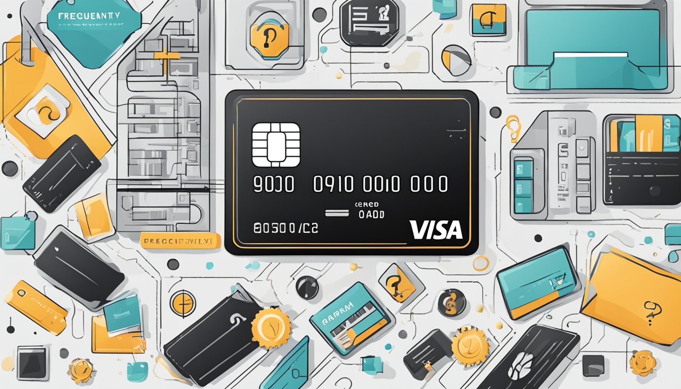 A sleek black credit card surrounded by icons representing various benefits, with a bold "Frequently Asked Questions" heading above