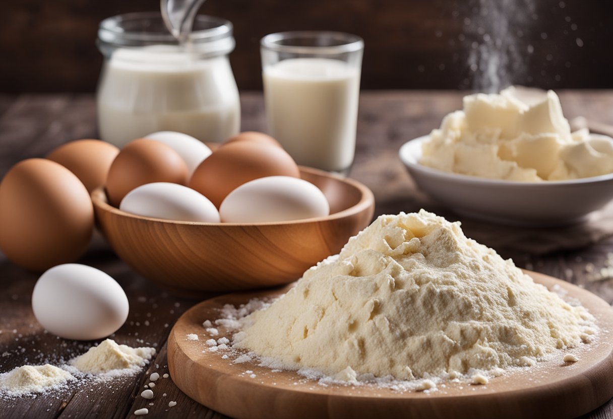 A wooden table with scattered flour, eggs, and vanilla. A mixing bowl filled with dough, and a piping bag filled with cream