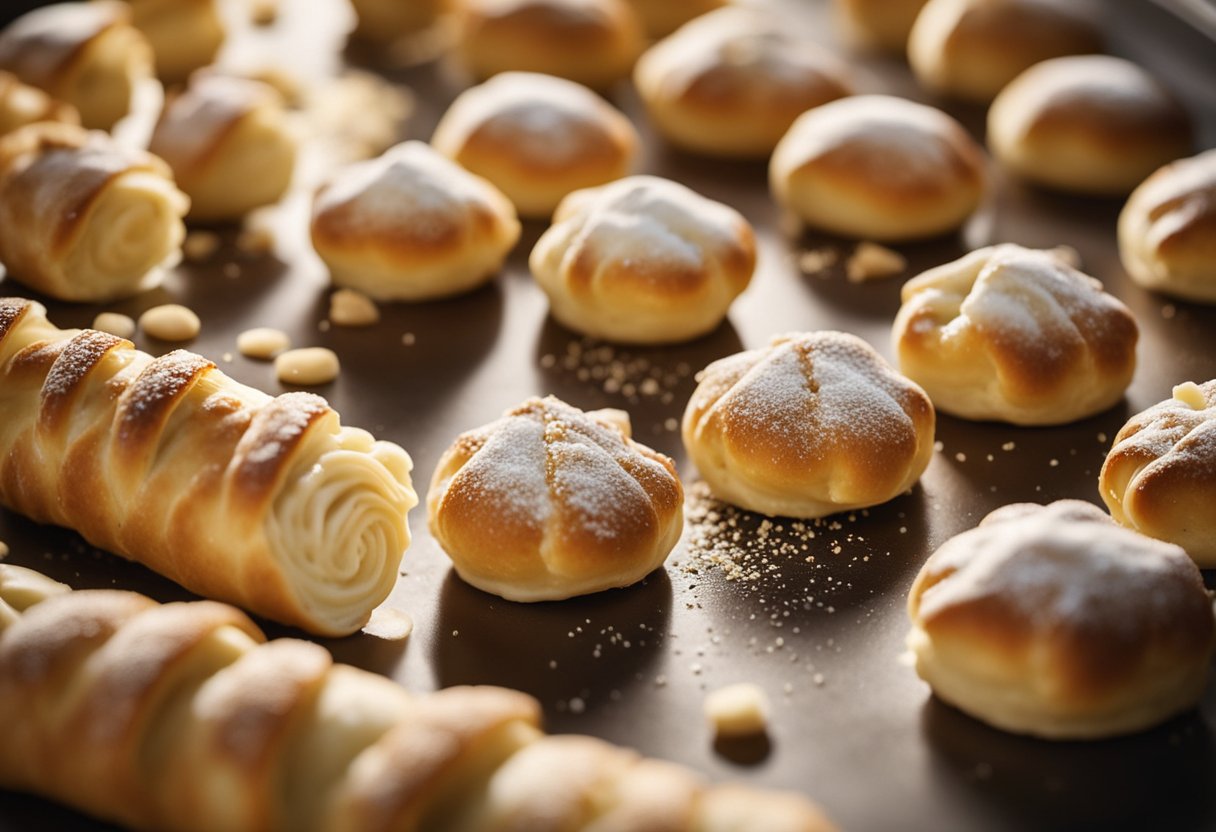 Cannoncini dough being rolled, filled, and baked. Cream being piped into the golden, flaky pastries. A delicious Italian treat in the making