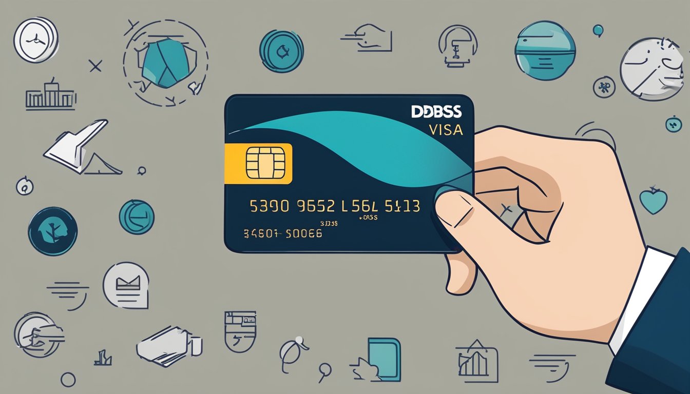 A hand holding a sleek black DBS Visa card, with icons representing benefits like cashback, rewards, and exclusive privileges