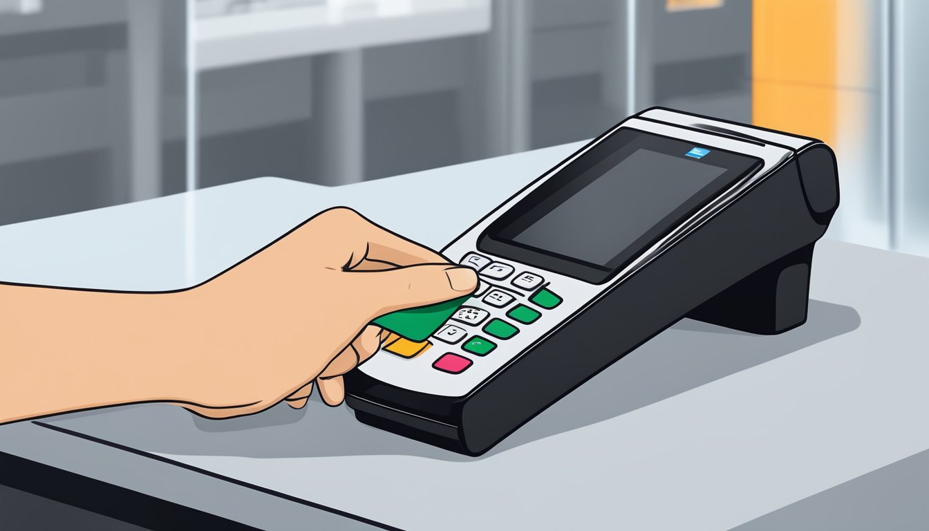 A hand swipes a sleek black DBS Visa card at a payment terminal, seamlessly completing a transaction