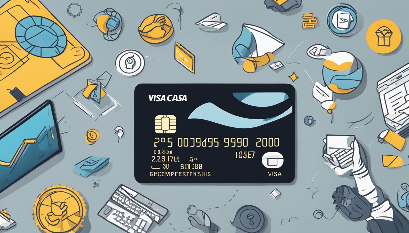 A hand holding a sleek black visa card with "Comprehensive Financial Benefits" displayed, surrounded by icons representing various perks and rewards