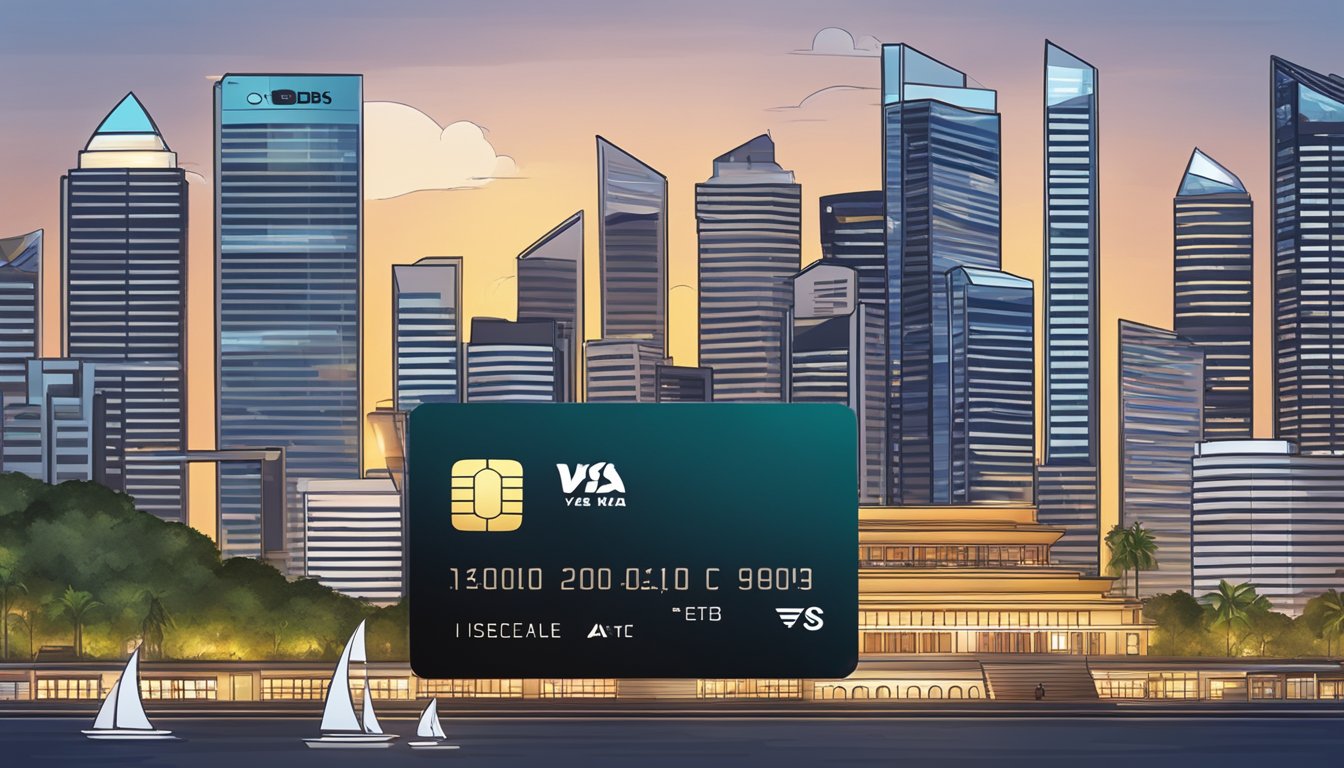 A stack of DBS black Visa cards with benefits listed, set against a Singapore skyline backdrop