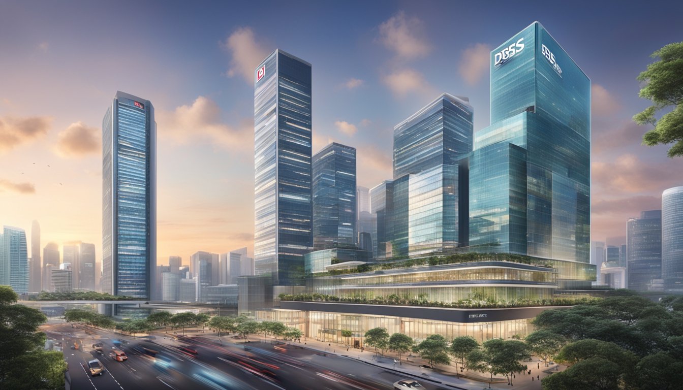 A modern office building in Singapore with the DBS logo prominently displayed, surrounded by bustling city streets and traffic
