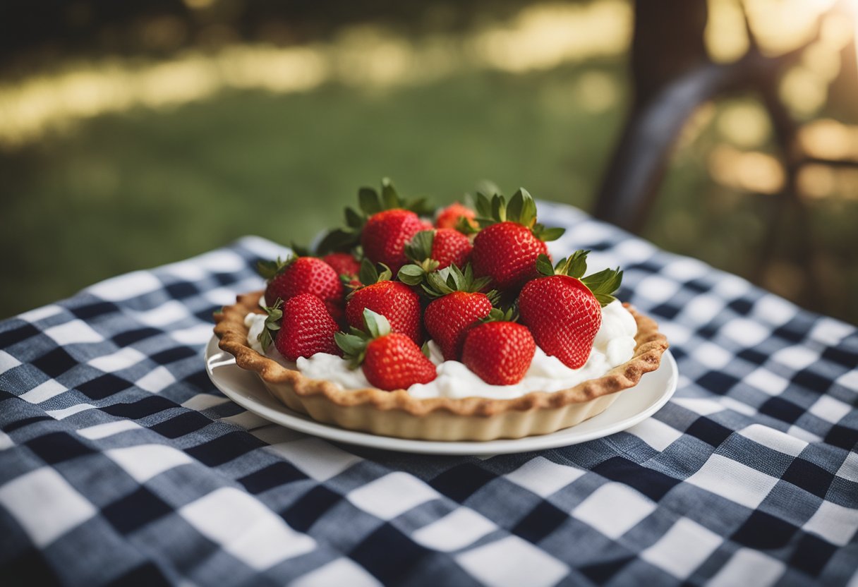 A gingham tablecloth holds a rustic pie dish filled with fresh strawberries, topped with a lattice crust. A dollop of whipped cream sits nearby