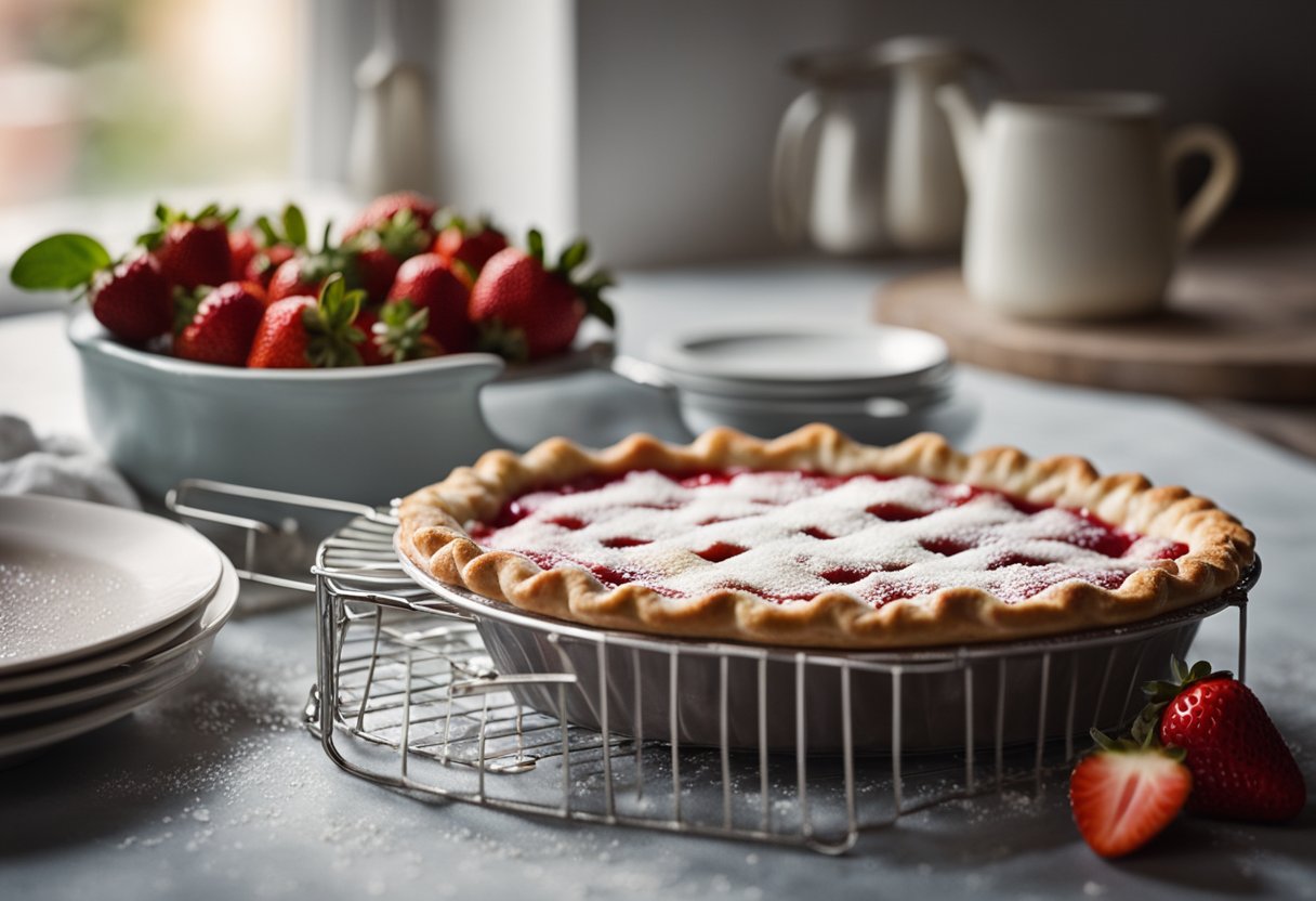 A vintage kitchen table with a freshly baked strawberry pie cooling on a wire rack, surrounded by scattered flour and a rolling pin