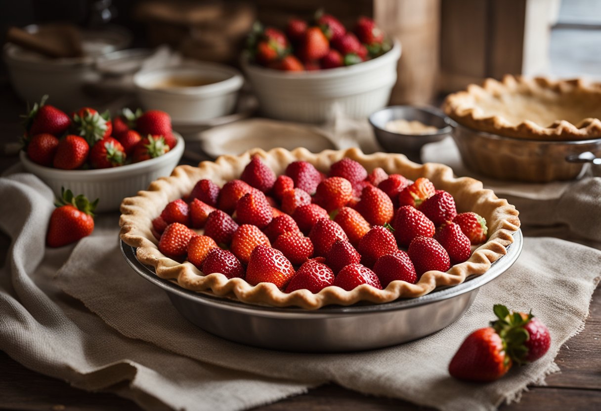 A rustic kitchen counter displays fresh strawberries, sugar, flour, and a pie crust, ready to be transformed into an old-fashioned strawberry pie